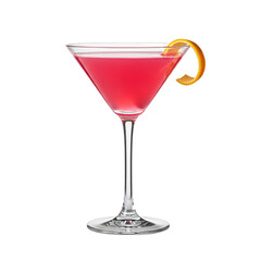 Photo of a pink cosmopolitan cocktail in a martini glass with an orange peel garnish, isolated on a transparent background
