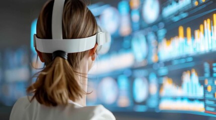 Virtual reality headset woman exploring futuristic digital financial dashboard data analysis with focus and curiosity on modern touchscreen interface - Powered by Adobe