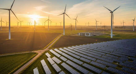 Renewable Energy Landscape Solar Panels and Wind Turbines at Sunset