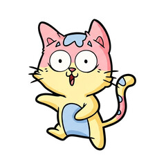 A delightfully cheerful and playful cartoon cat illustration, with soft pastel colors, expressing surprise and happiness while striking a friendly pose