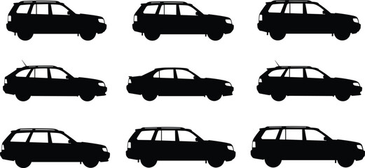Silhouette set of cars, SUV and sedan vehicles, automobile transportation concept, black vector illustration, automotive design, car collection isolated on white background