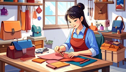 Artisan crafting leather goods in workshop creating handbags and leather products