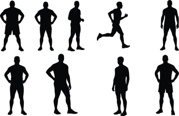 Silhouette set of men standing, walking, running, fitness poses, athletic male body, sports activity concept, black vector illustration isolated on white background