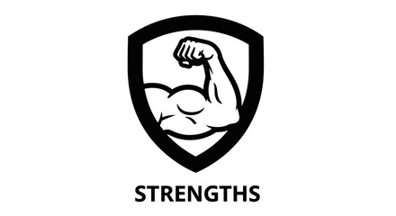 Monochrome icon of a powerful bicep within a protective shield, representing strength, bodybuilding, and resilience for fitness concepts