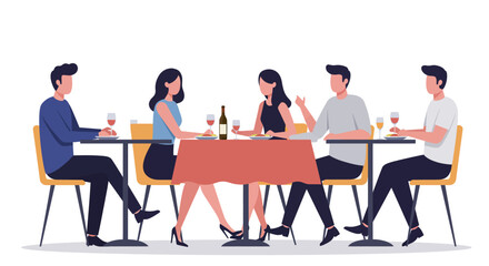 Friends enjoy a sophisticated dinner together at a restaurant, engaging in conversation and sharing a meal.