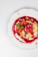 Top view of strawberry pie slice with ice cream dessert