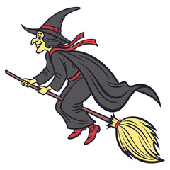 Vector art of a witch flying on broom, with white background