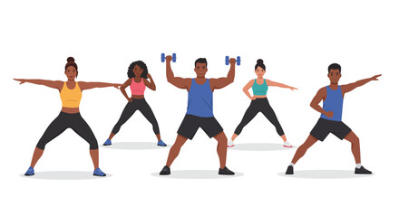 A diverse group of five people in activewear participating in a fitness class, lifting weights and stretching together.