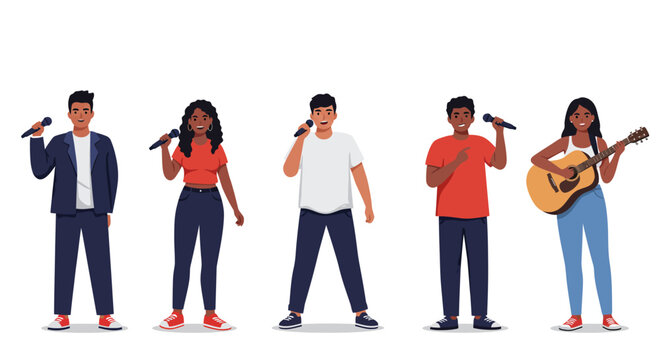 A diverse group of young men and women singing into microphones and playing an acoustic guitar.