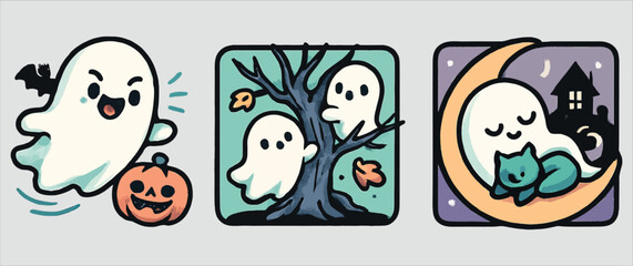 Cute halloween ghosts icons set with pumpkin moon haunted house and tree decorations