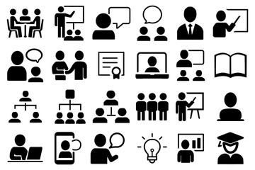 Minimalist black and white icon set of 25 symbols for business, education, and communication. Flat, modern design ideal for UI-UX, infographics, e-learning, and presentations. Scalable and versatile.