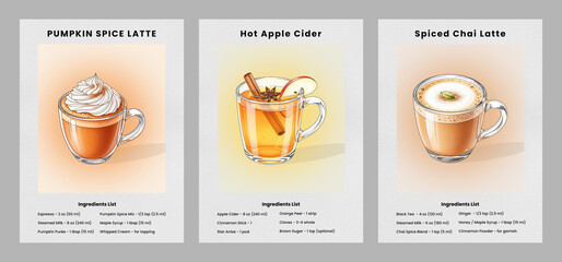 Autumn hot drinks recipe card vector illustration set