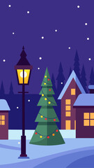 Christmas night scene with tree and lamp