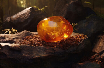 Big Amber stone in forest on stones. 