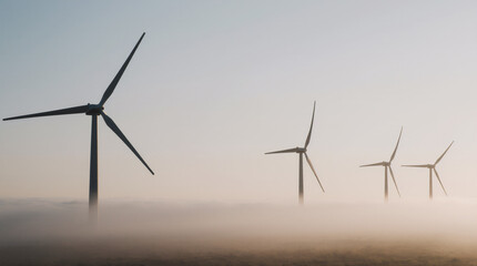 Wind turbines standing tall in the misty landscape during early morning light at a renewable energy farm in the countryside