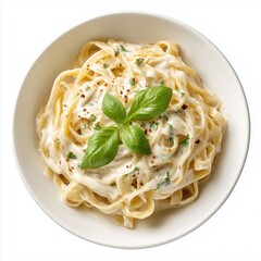 Creamy Pasta Dish with Fresh Basil , white background cut out PNG