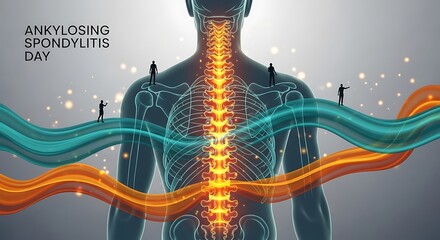 Ankylosing spondylitis day awareness graphic with human spine illustration and wavy lines