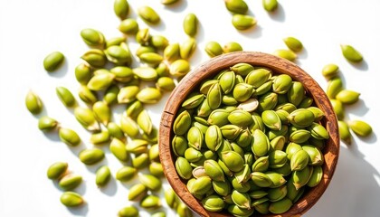 Bowl of Green Pumpkin Seeds on White Background pepitas