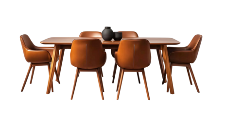  3d rendering of an elegant dining table with six chairs, showcasing the design and texture of solid wood legs and soft fabric seating in neutral tones, set against a white background for easy decorat