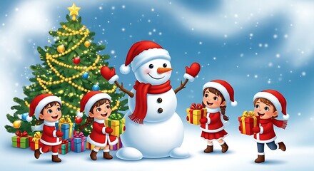 Cute snowman with children in santa hats and christmas tree with gifts during winter snowfall, festive holiday celebration