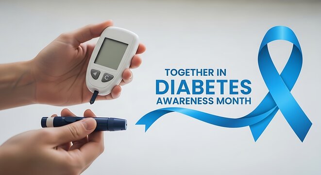 Person holding a glucose meter and lancet for diabetes awareness month with blue ribbon