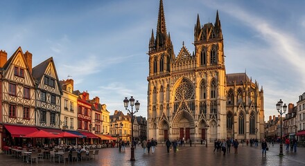 Fototapeta premium Historic French Town Square with Cathedral and Cafes.
