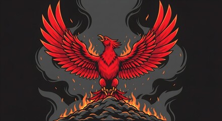 Fototapeta premium Fiery Red Phoenix Rising from Flames and Smoke, Symbol of Rebirth