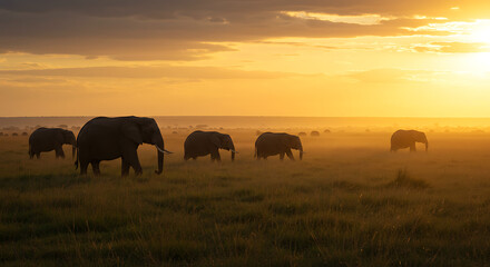 Fototapeta premium African Elephants Silhouetted Against A Golden Sunrise In The Savannah
