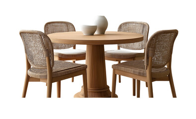  3d rendering of an elegant dining table with six chairs, showcasing the design and texture of solid wood legs and soft fabric seating in neutral tones, set against a white background for easy decorat