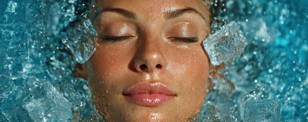 A serene woman's face submerged in cool water surrounded by ice cubes, closed eyes, calm