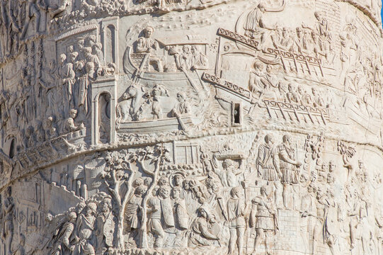 Close-up of the Trajan Column (Colonna Traiana). detail of Roman triumphal column in Rome, Italy.