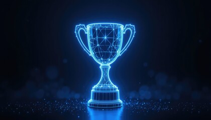 Glowing Blue Wireframe Trophy on Dark Background award