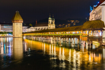 City skyline, night at Chapel Bridge, Lucerne (Luzern), Switzerland