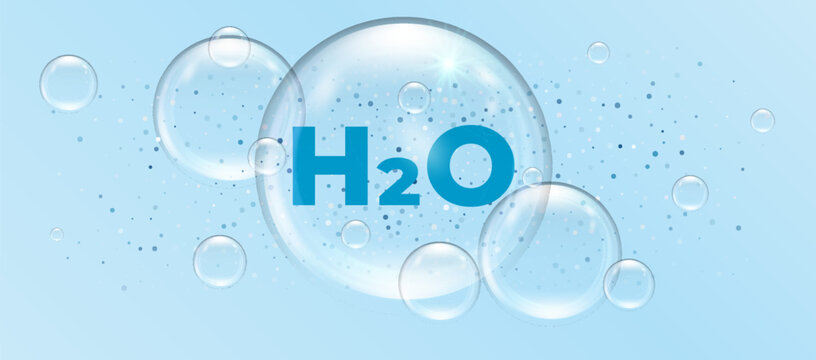 H2O water molecule in blue for scientific design with bubbles and transparency. Clean cosmetic design for purity and freshness. Vector Illustration.