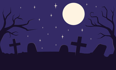 Simple Halloween background with moon and stones on purple night sky