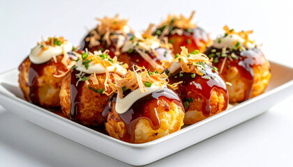 Delicious Takoyaki A Close-Up of Japanese Street Food on a White Platter