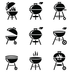 Circle Grilling Icons, Outdoor Cooking Icons. Solid, filled icon set of outdoor cooking events: barbecue party, camping trip, picnic,