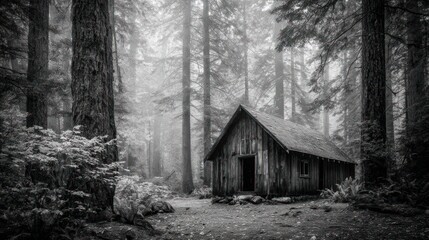 Rustic cabin nestled within dense trees and a foggy forest in monochrome tones