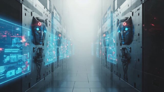 Dark sci-fi wall semi-transparent robotic faces, glowing neon green, purple white, faces flickering darkness emotion electric arcs connecting faces, haunted AI laboratory glitch effects 4K VJ loop