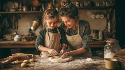 mother and daughter baking cookies
