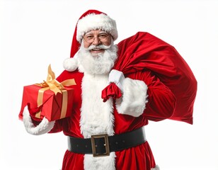 Santa Claus joyfully presents a wrapped gift while holding his large red sack of presents