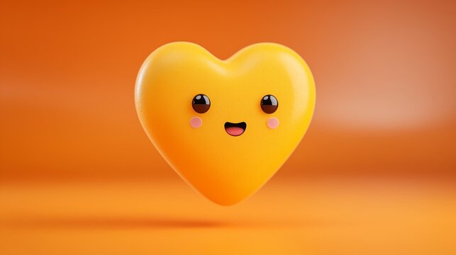A heart with a funny emoji face, floating on a vibrant orange blur, playful and modern emotion