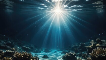 Fototapeta premium Underwater sunbeams illuminating coral reef and seabed