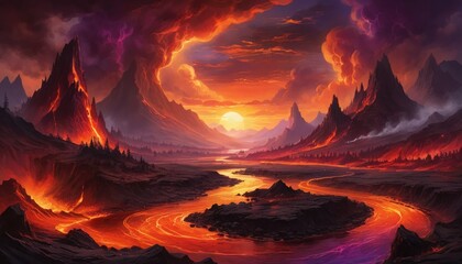 Volcanic Landscape with Lava River and Fiery Sky volcano