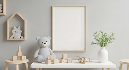 Cozy Nursery Room with Teddy Bear and Wooden Blocks.