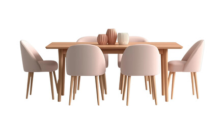  3d rendering of an elegant dining table with six chairs, showcasing the design and texture of solid wood legs and soft fabric seating in neutral tones, set against a white background for easy decorat