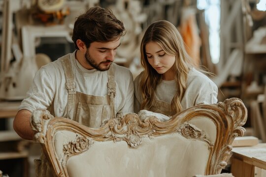 A young couple meticulously restores an antique chair, showcasing their craftsmanship and passion for furniture restoration.