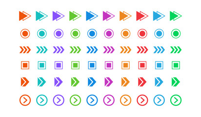 Color bullet points. Geometric icons with arrows, circles, squares for list, minimal modern navigation simple buttons for headline, UI app, websites and presentation infographics. Isolated vector set