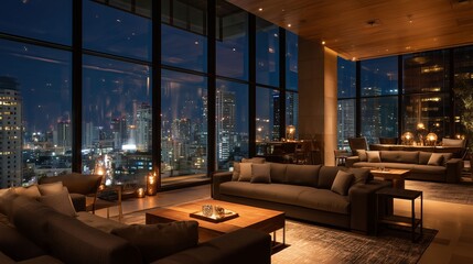 共用ラウンジとシティビューの夜