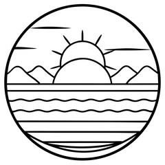 Minimal Sunset Aesthetic Line Art Vector Elegant Landscape Outline Illustration